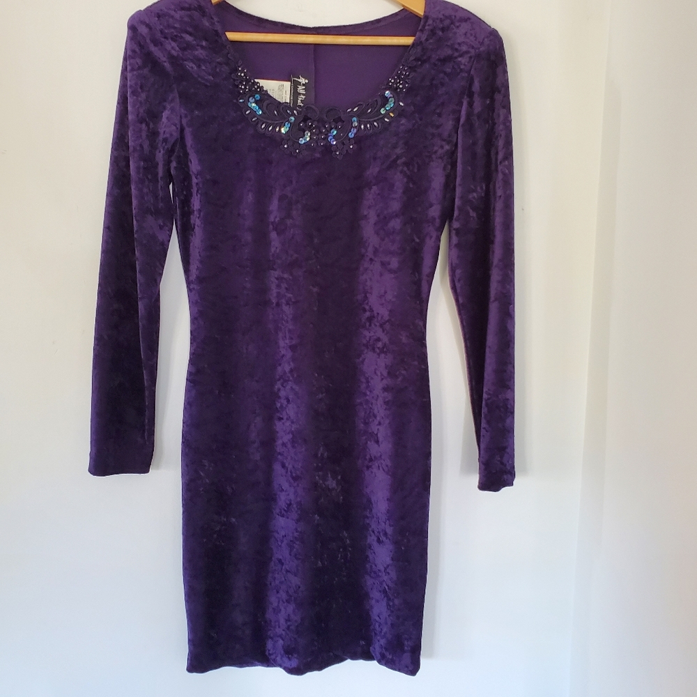 Purple Crushed Velvet Dress Sz M Beaded Long Sleeve Glam 80s 90s Vintage Y2K